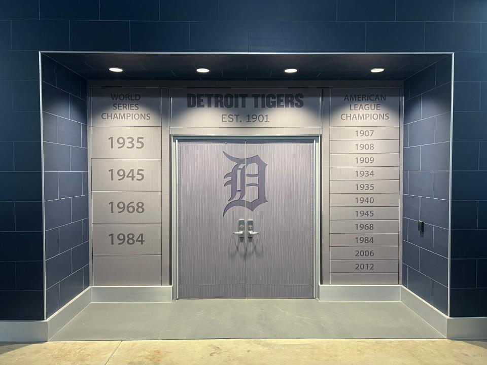 Door to the Detroit Tigers' clubhouse at Comerica Park, as seen Sunday, April 7, 2024.