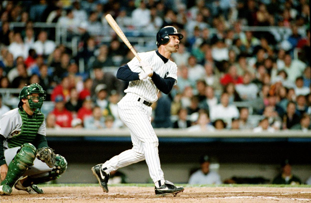 New York Yankees first baseman Don Mattingly looks up after hitting a solo homer off of Oakland A's pitcher Shawn Hillegas in the first inning at Yankee Stadium in New York City, Tuesday night, May 5, 1993.  The homer is Mattingly's first since last season in Sept.  The Yankees won the game, 4-2.  (AP Photo/Mike Albans)