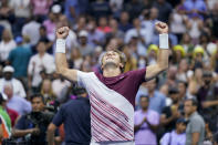 Casper Ruud, of Norway, reacts after defeating Matteo Berrettini, of Italy, during the quarterfinals of the U.S. Open tennis championships, Tuesday, Sept. 6, 2022, in New York. (AP Photo/Seth Wenig)