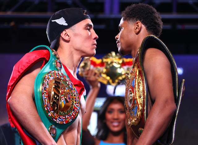 LAS VEGAS, NEVADA - APRIL 29: Oscar Valdez (L) and Shakur Stevenson (R) face-off during the weigh in prior to their WBC and WBO junior lightweight championship at MGM Grand Garden Arena on April 29, 2022 in Las Vegas, Nevada. (Photo by Mikey Williams/Top Rank Inc via Getty Images)
