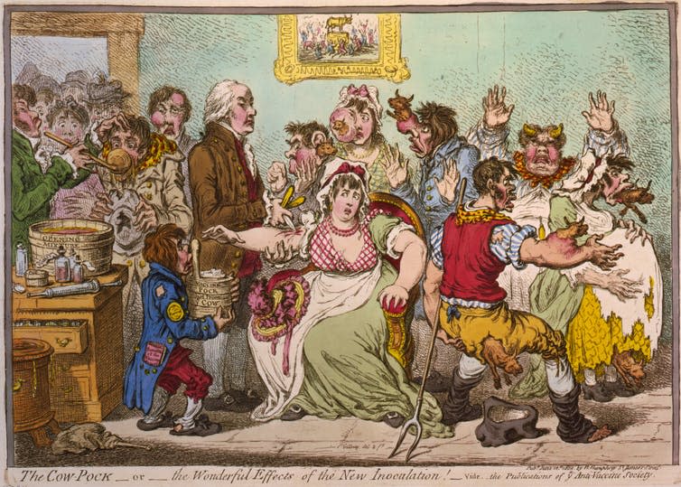 An anti-vaccination caricature by James Gillray, The Cow-Pock – or – The Wonderful Effects of the New Inoculation!