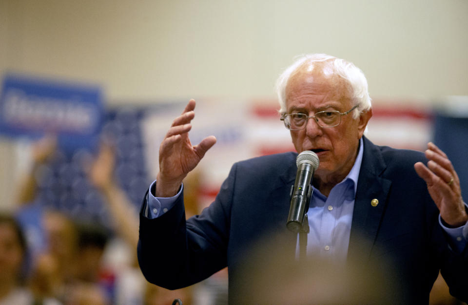 Democratic presidential candidate Bernie Sanders speaks to audience members during a campaign stop at Grand River Center in Dubuque, Iowa, Sunday, June 9, 2019. (Eileen Meslar/Telegraph Herald via AP)