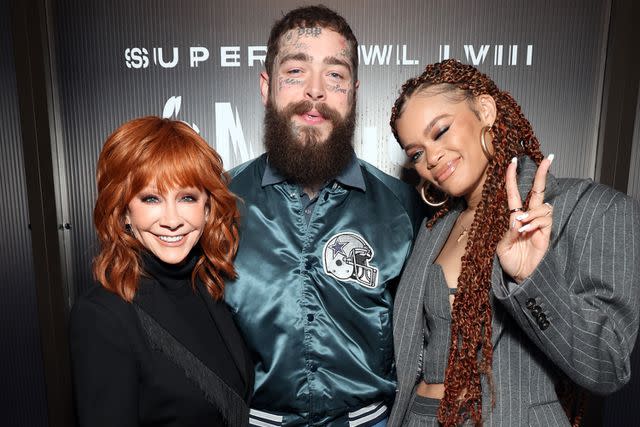 <p>Kevin Mazur/Getty</p> Reba McEntire, Post Malone and Andra Day attend the Super Bowl LVIII Pregame & Apple Music Super Bowl LVIII Halftime Show press conference at the Mandalay Bay Convention Center on Feb. 8, 2024 in Las Vegas