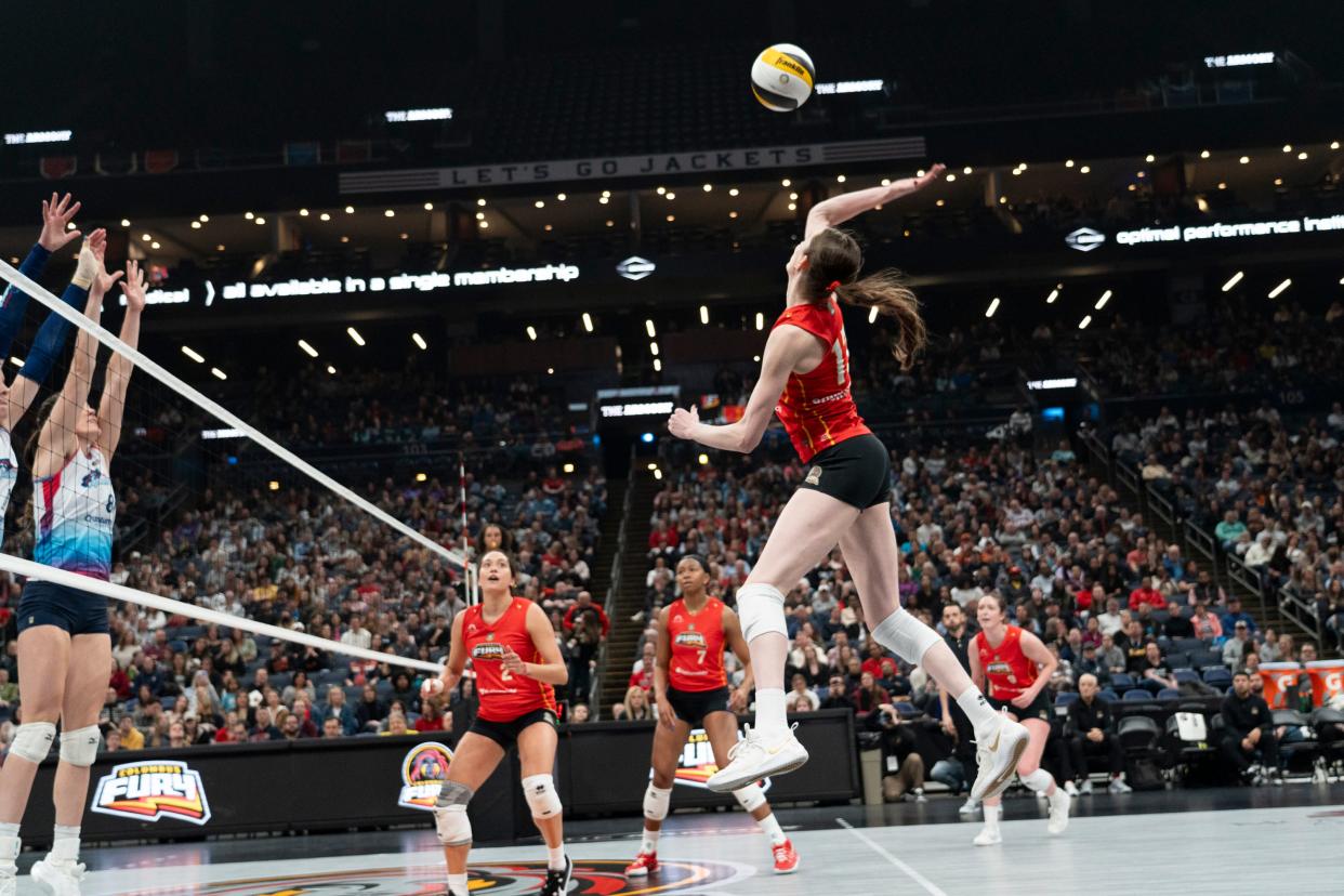 Feb 21, 2024; Columbus, OH, USA; Outside hitter Megan Courtney Lush, spikes the ball during the Columbus Fury home game against the Omaha Supernovas at Nationwide Arena.