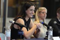 Indiana Fever's Caitlin Clark speaks during a WNBA basketball news conference, Wednesday, April 17, 2024, in Indianapolis. (AP Photo/Darron Cummings)