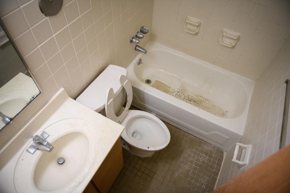 A bathroom in the aging Smoke Bomb Hill barracks on Thursday, Sept. 8, 2022. More than 1,100 soldiers will need to relocate from the aging Smoke Bomb Hill barracks that have issues with heating and ventilation systems and moisture levels.