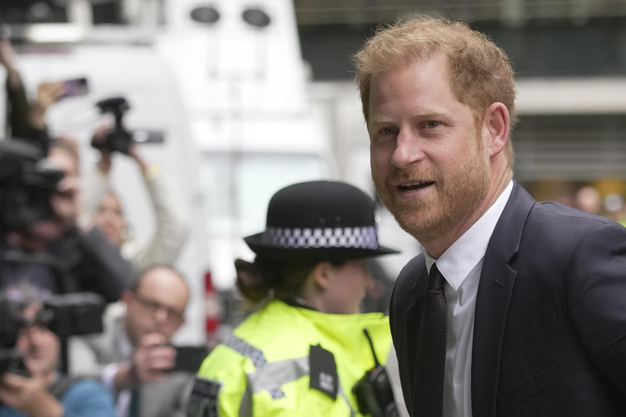 Prince Harry arrives at the High Court in London, Tuesday, June 6, 2023. Prince Harry is due at a London court to testify against a tabloid publisher he accuses of phone hacking and other unlawful snooping. Harry alleges that journalists at the Daily Mirror and its sister papers used unlawful techniques on an 