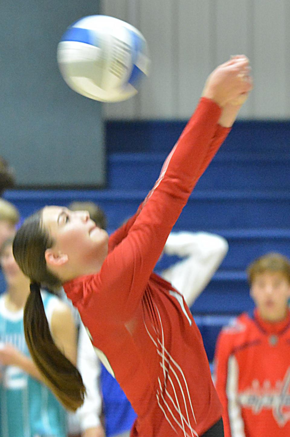 Britton-Hecla's Abigail Lee keeps the ball alive during a high school volleyball match against Great Plains Lutheran on Tuesday, Oct. 17, 2023 in Watertown.