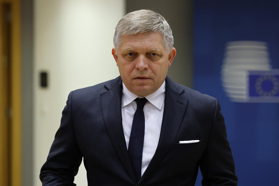 FILE - Slovakia's Prime Minister Robert Fico arrives to a round table meeting at an EU summit in Brussels, Thursday, Feb. 1, 2024. Fico, has been released from hospital where he was treated after an assassination attempt on May 15. (AP Photo/Geert Vanden Wijngaert, File)