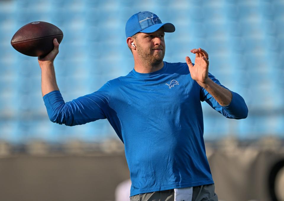 Lions quarterback Nate Sudfeld warms up before a preseason game against the Panthers on Friday, Aug. 25, 2023, in Charlotte, North Carolina.