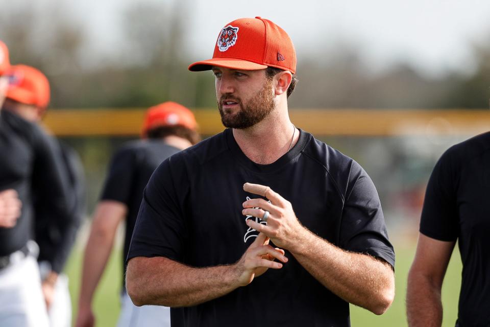 Detroit Tigers pitcher Casey Mize warm up during spring training at Tigertown in Lakeland, Fla. on Tuesday, Feb. 13, 2024.