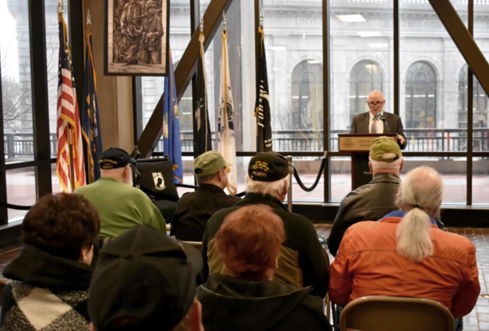 VA Providence Healthcare System Director Lawrence Connell speaks at the Fall River City Hall ceremony on March 28.