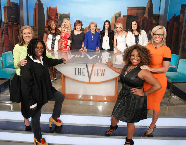 Barbara Walters on "The View" in 2014 with <a href="https://parade.com/1197075/jessicasager/whoopi-goldberg-net-worth/" rel="nofollow noopener" target="_blank" data-ylk="slk:Whoopi Goldberg" class="link ">Whoopi Goldberg</a>, Meredith Vieira, Star Jones, Debbie Matenopoulos, Joy Behar, Lisa Ling, Elisabeth Hasselbeck, Rosie O'Donnell, Jenny McCarthy and Sherri Shepherd<p>Lou Rocco/Disney General Entertainment Content via Getty Images</p>