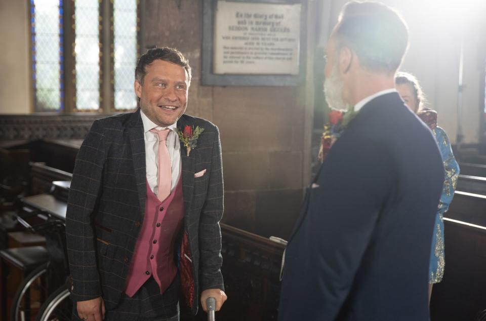 embargo 2100 02102023 billy mayhew and paul foreman's wedding in coronation street