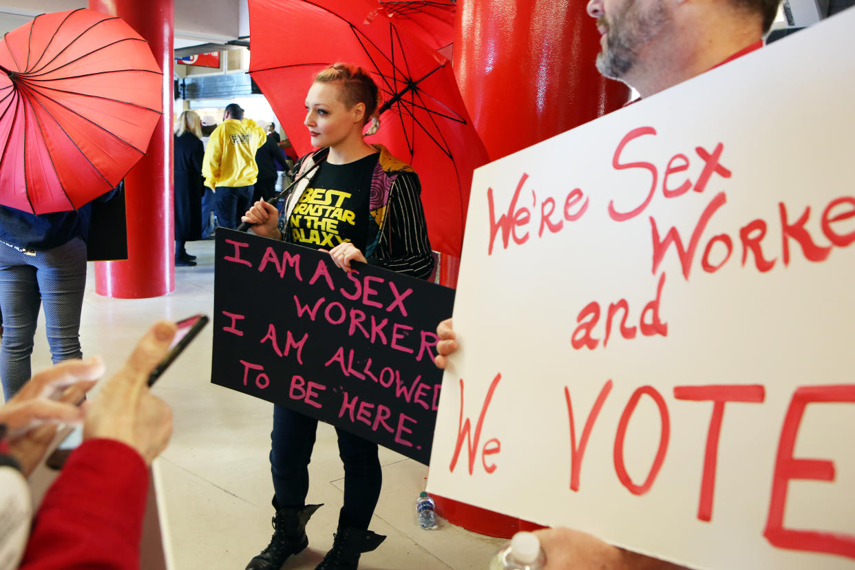 Arielle Aquinas, an adult-film actress and former professional dominatrix, attends the Power to the Polls rally in Las Vegas to speak out for sex-worker rights. (Photo: Ronda Churchill for Yahoo Lifestyle)