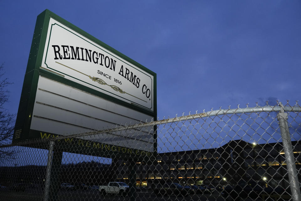A sign for Remington Arms Co. is displayed in front of their compound in Ilion, N.Y., Thursday, Feb. 1, 2024. The nation’s oldest gun-maker is consolidating operations in Georgia and recently announced plans to shutter the Ilion factory in early March. (AP Photo/Seth Wenig)