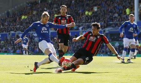 Britain Football Soccer - Everton v AFC Bournemouth - Barclays Premier League - Goodison Park - 30/4/16 Bournemouth's Charlie Daniels in action with Everton's Tony Hibbert Action Images via Reuters / Jason Cairnduff Livepic