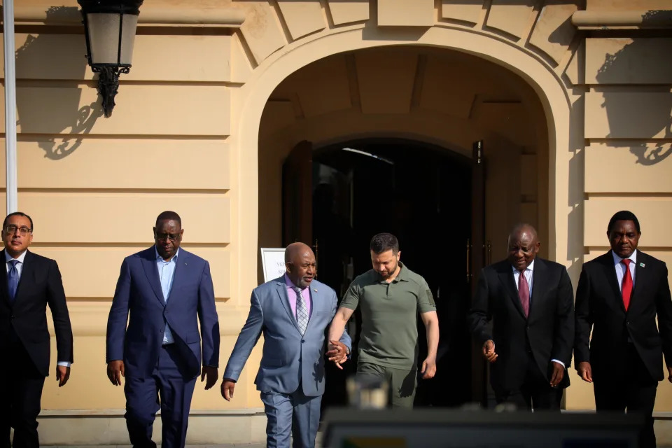 From left to right, Egyptian Prime Minister Mostafa Madbouly, Senegalese President Macky Sall, African Union chairperson Azali Assoumani, Ukrainian President Volodymyr Zelenskyy, South African President Cyril Ramaphosa and Zambian President Hakainde Hichilema attend a joint press conference on June 16, 2023 in Kyiv, Ukraine. / Credit: Andriy Zhyhaylo/Obozrevatel/Global Images Ukraine/Getty