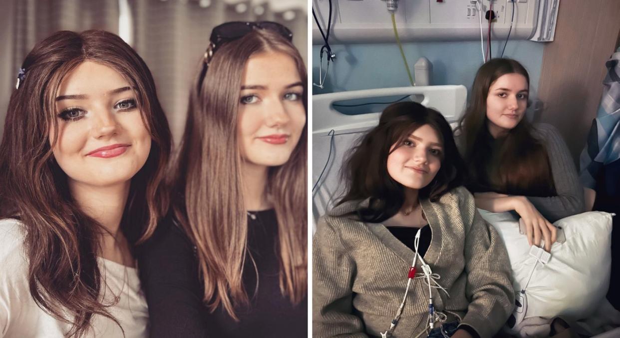 Megan Walker (right in both pictures) has been experiencing her twin's cancer symptoms despite being cancer free. (Rebecca Walker/SWNS)