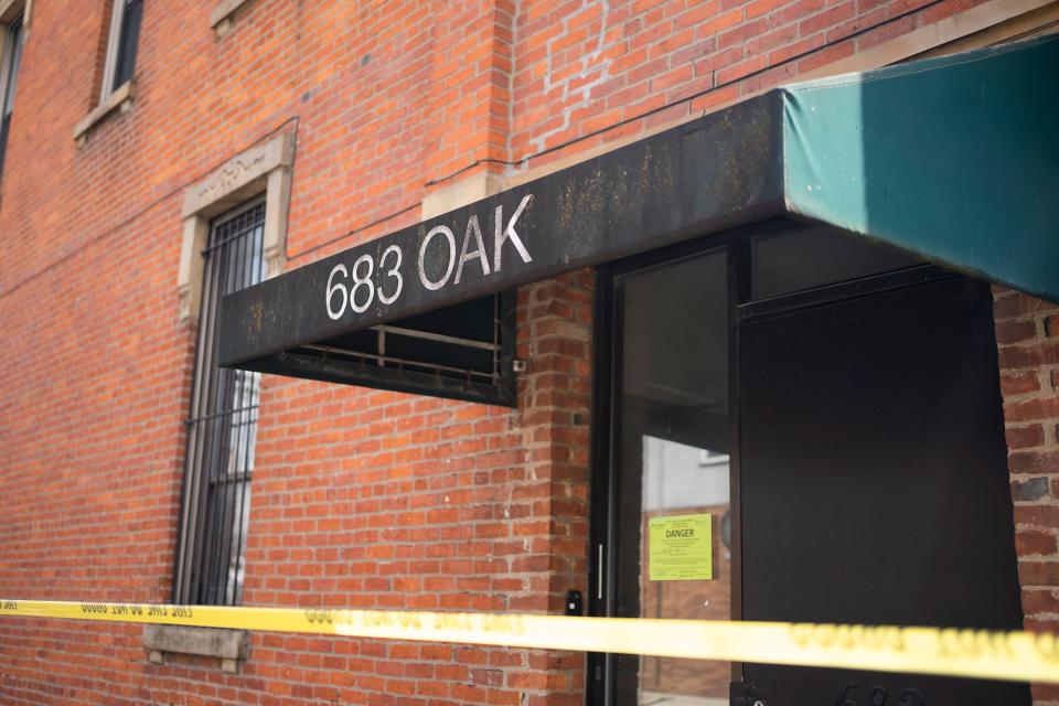 Mar 27, 2023; Columbus, Ohio, USA;  A combination commercial and residential building on the corner of Oak Street and Parsons Avenue, has been temporarily evacuated as a precaution, after high winds brought down the building's chimney and separated part of the roof from the building on Saturday. 