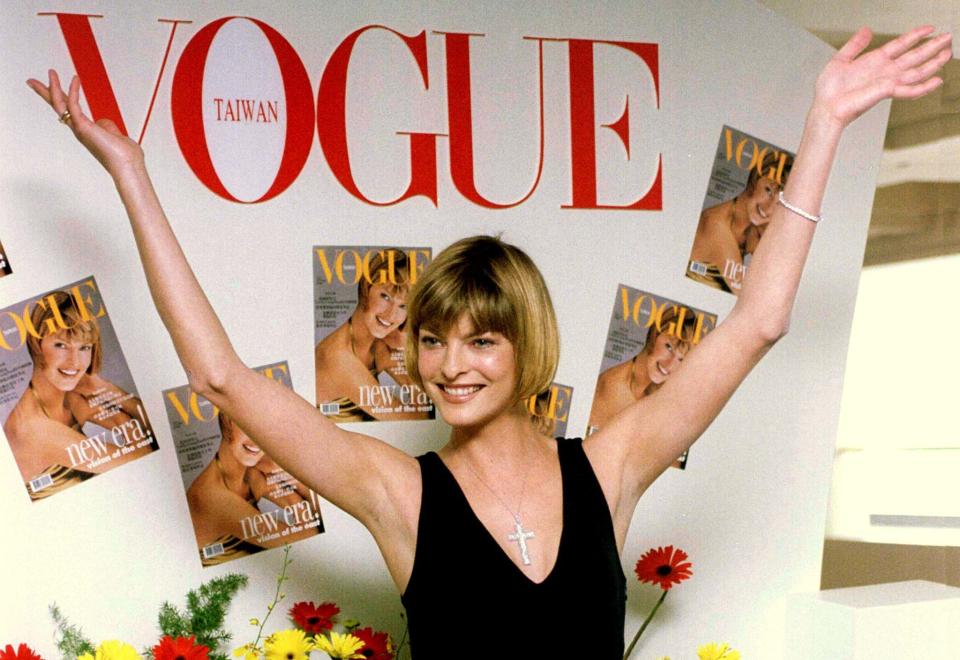 Supermodel Linda Evangelista poses for photographers in Taipei September 25 during a news conference for the launch of a Taiwanese edition of Vogue magazine. The French fashion magazine is launching its first Chinese-language edition in Taiwan.