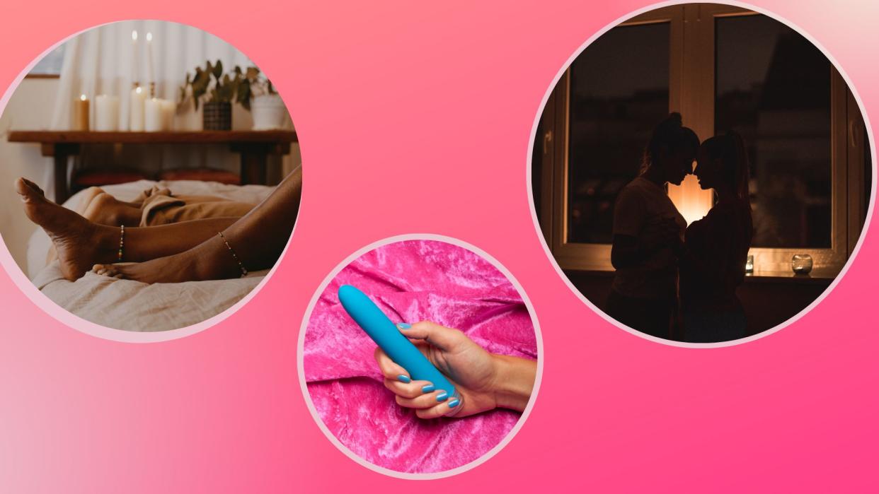  Montage of three pictures (L-R): picture showing feet of couple who are hanging out in bed; a blue vibrator against a pink background; couple embracing each other in a candlelit room 