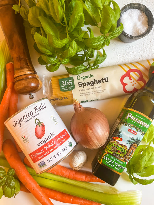<em>Ingredients for Spaghetti al Pomodoro</em><p>Courtesy of Jessica Wrubel</p>