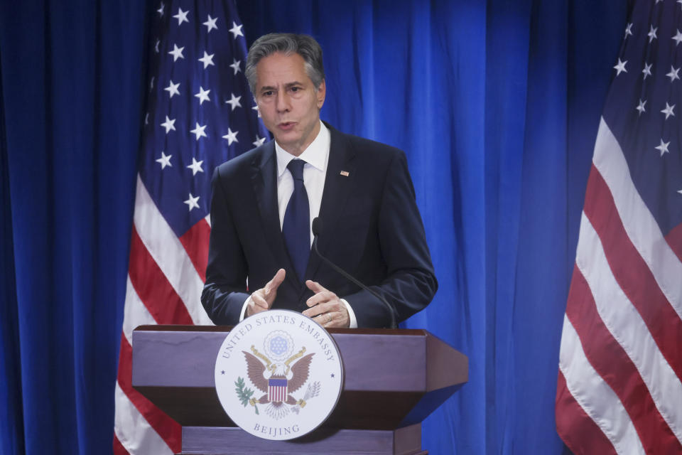 U.S. Secretary of State Antony Blinken holds a news conference in the Beijing American Center at the U.S. Embassy in Beijing, China, Monday, June 19, 2023. (Leah Millis/Pool Photo via AP)