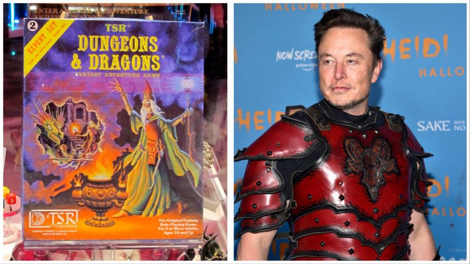 À gauche : un premier coffret D&D.  À droite : Elon Musk en costume.