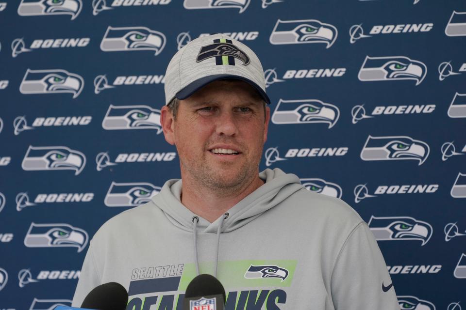 Seattle Seahawks offensive coordinator Shane Waldron talks to reporters after NFL football practice in Renton, Wash., in this Wednesday, Aug. 25, 2021, file photo.