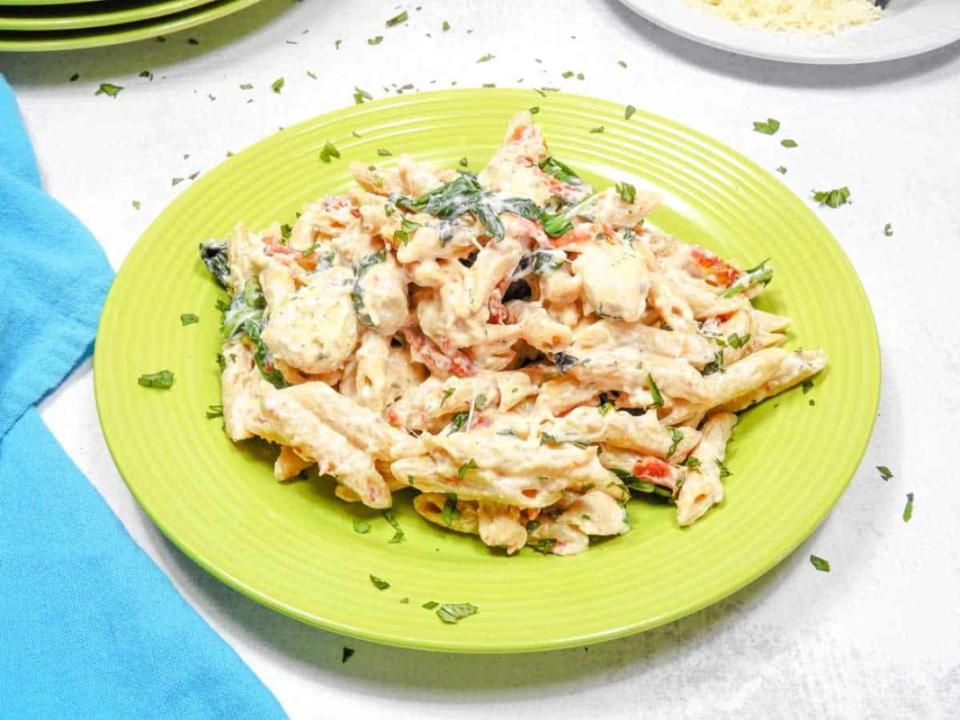 <p>My Crazy Good Life</p><p>This healthy Instant Pot Tuscan chicken pasta will satisfy your craving without the calories! It's an easy healthy chicken recipe that your family will love and you can cook it in your Instant Pot, slow cooker or on the stove.</p><p><strong>Get the recipe: <a href="https://mycrazygoodlife.com/healthy-tuscan-chicken-pasta-instant-pot-slow-cooker-stovetop/" rel="nofollow noopener" target="_blank" data-ylk="slk:Instant Pot Tuscan Chicken Pasta;elm:context_link;itc:0;sec:content-canvas" class="link ">Instant Pot Tuscan Chicken Pasta</a></strong></p>
