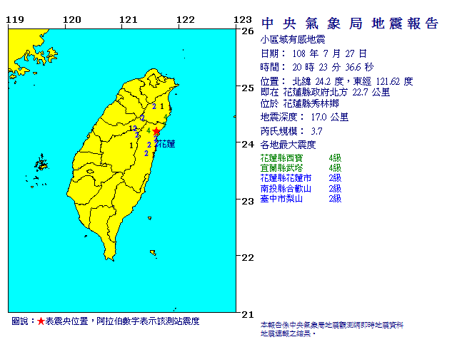 花蓮晚間8：23小區域有感地震 規模3.7花蓮宜蘭4級。（取自中央氣象局）