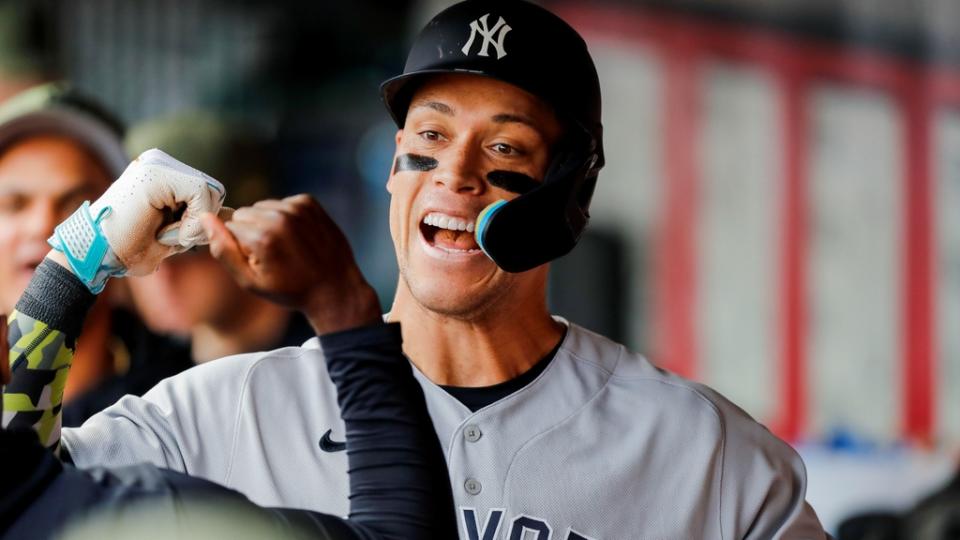 May 19, 2023; Cincinnati, Ohio, USA; New York Yankees right fielder Aaron Judge (99) celebrates after hitting a solo home run in the first inning against the Cincinnati Reds at Great American Ball Park. Mandatory Credit: Katie Stratman-USA TODAY Sports