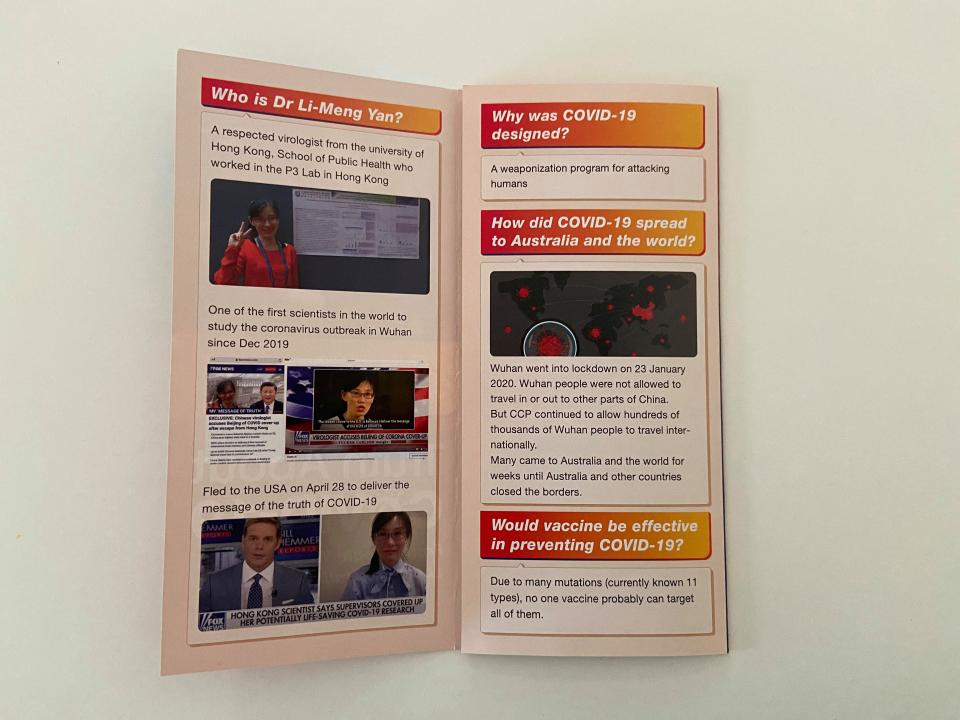 Photo shows inside of booklet explaining who Chinese Virologist Dr Li-Meng is.