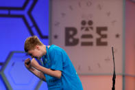 <p>Casper Smith, 13, from Clayton, N.C., celebrates after correctly spelling his word during the 90th Scripps National Spelling Bee in Oxon Hill, Md., Wednesday, May 31, 2017. (AP Photo/Jacquelyn Martin) </p>