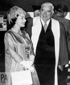 <span class="caption">Sir Robert Menzies, Australia’s prime minister at the time of the Maralinga nuclear tests, with the Queen in 1963.</span> <span class="attribution"><a class="link " href="https://www.paimages.co.uk/search-results/fluid/?q=robert%20menzies&amber_border=1&category=A,S,E&fields_0=all&fields_1=all&green_border=1&imagesonly=1&orientation=both&red_border=1&words_0=all&words_1=all" rel="nofollow noopener" target="_blank" data-ylk="slk:PA;elm:context_link;itc:0;sec:content-canvas">PA</a>, <a class="link " href="http://creativecommons.org/licenses/by-sa/4.0/" rel="nofollow noopener" target="_blank" data-ylk="slk:CC BY-SA;elm:context_link;itc:0;sec:content-canvas">CC BY-SA</a></span>