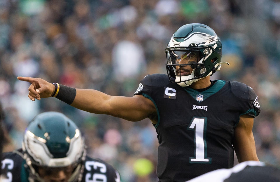 Nov 21, 2021; Philadelphia, Pennsylvania, USA; Philadelphia Eagles quarterback Jalen Hurts (1) calls a play against the New Orleans Saints during the third quarter during the third quarter at Lincoln Financial Field. Mandatory Credit: Bill Streicher-USA TODAY Sports