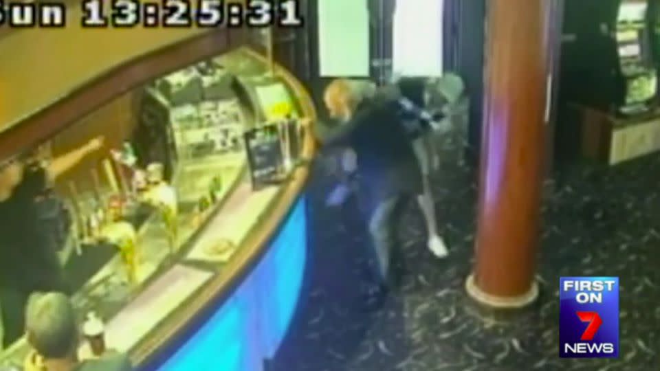 Hema approached an elderly gentleman in a Punchbowl pub, where he allegedly kicked him and threw objects at the innocent man. Photo: CCTV