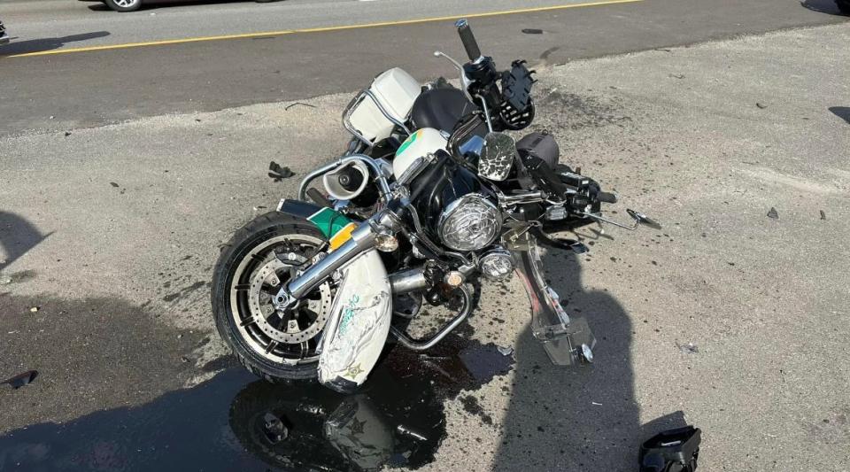 Flagler County Sheriff's Office Deputy First Class Benjamin Stamps suffered serious injuries Tuesday when a car apparently crossed into his lane on Interstate 95 and collided with his patrol motorcycle as he rode to work, the sheriff's office stated.