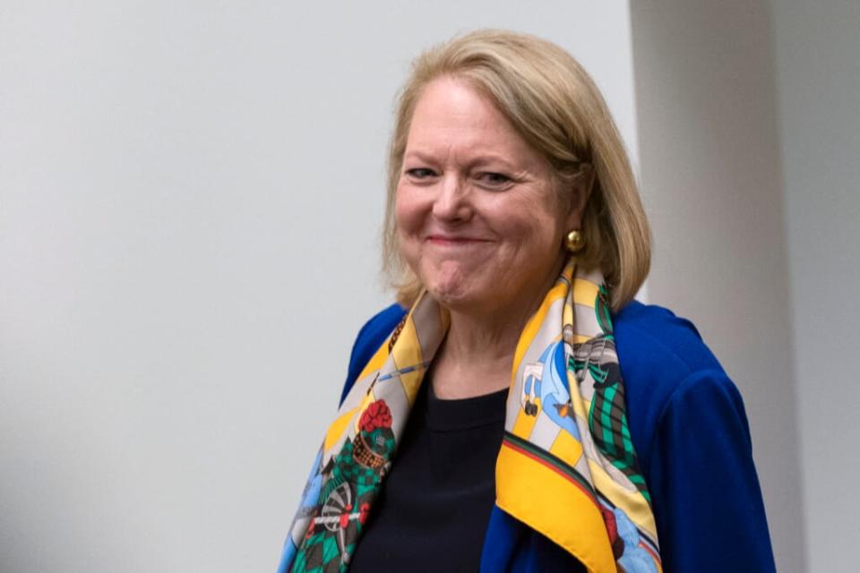 Virginia “Ginni” Thomas during a break on Sept. 29, 2022, from a voluntary interview with the House panel investigating the Jan. 6 insurrection in Washington, D.C. (AP Photo/Manuel Balce Ceneta)