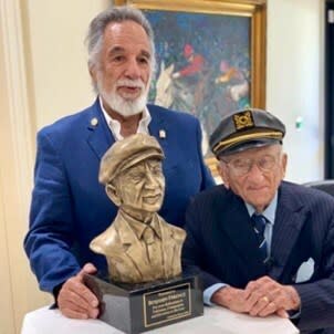 Yaacov Heller, sculptor, presents Benjamin Ferencz his bust. Photo June 14, 2019, by Eric Kline Productions.  Photo Credit: Courtesy of TransMedia Group