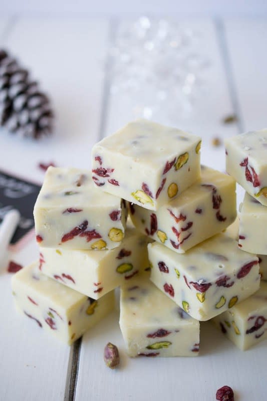 <p>Culinary Ginger</p><p>Not too sweet, just creamy and delicious with a little crunch from the pistachios and slightly tart from the cranberries. </p><p><strong>Get the recipe: <a href="https://culinaryginger.com/white-chocolate-pistachio-cranberry-fudge/" rel="nofollow noopener" target="_blank" data-ylk="slk:White Chocolate, Pistachio & Cranberry Fudge;elm:context_link;itc:0;sec:content-canvas" class="link rapid-noclick-resp">White Chocolate, Pistachio & Cranberry Fudge</a></strong></p>