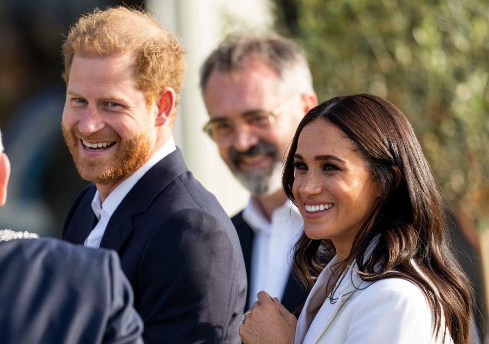 Prince Harry and Meghan Markle attend a reception on April 15, 2022 in The Hague, Netherlands.