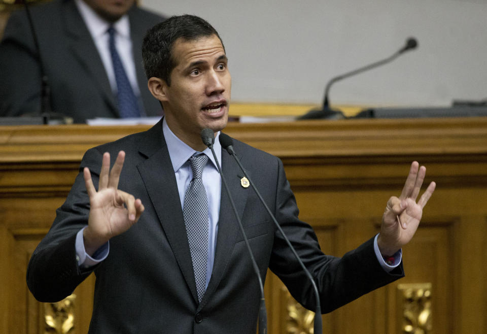 Venezuelan Congress President Juan Guaido, opposition leader who declared himself interim president, addresses the National Assembly in Caracas, Venezuela, Wednesday, March 6, 2019. The U.S. and more than 50 governments recognize Guaido as interim president, saying President Nicolas Maduro wasn't legitimately re-elected last year because opposition candidates weren't permitted to run. (AP Photo/Ariana Cubillos)