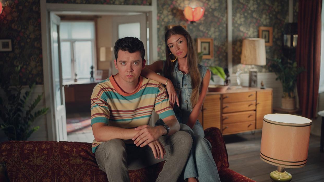  Otis (Asa Butterfield) and Ruby (Mimi Keene) together in a bedroom for Sex Education season 4. 