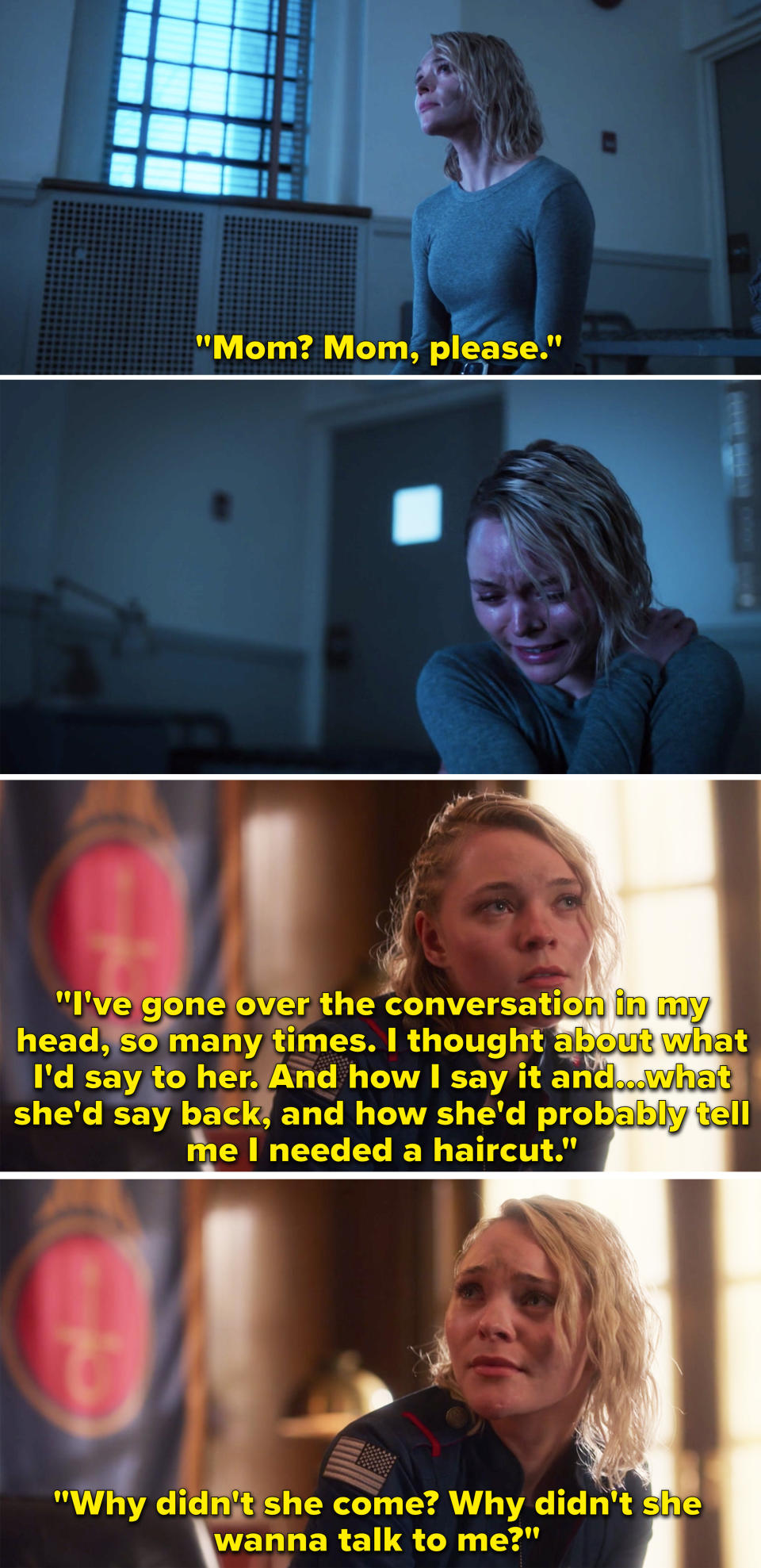 Raelle crying and saying she thought about the conversation she'd have with her mom and wondering why she didn't come