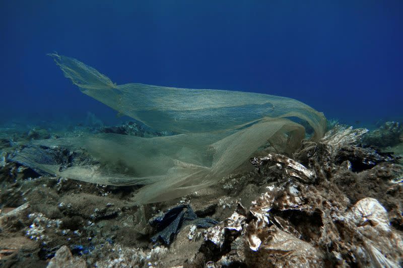 FILE PHOTO: Plastic waste is pictured at the bottom of the sea, off the island of Andros