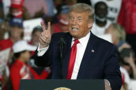 President Donald Trump speaks at a campaign rally at the Orlando Sanford International Airport Monday, Oct. 12, 2020, in Sanford, Fla. (AP Photo/John Raoux)