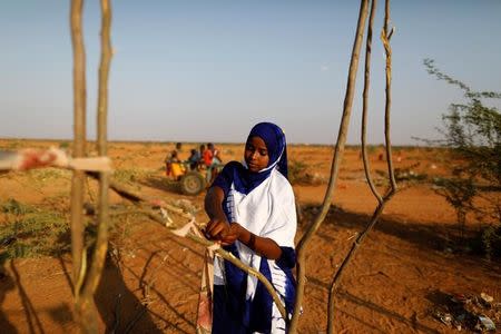 Zeinab, 14, helps her mother and sister build a new shelter at a camp for internally displaced people from drought hit areas in Dollow, Somalia April 2, 2017. REUTERS/Zohra Bensemra