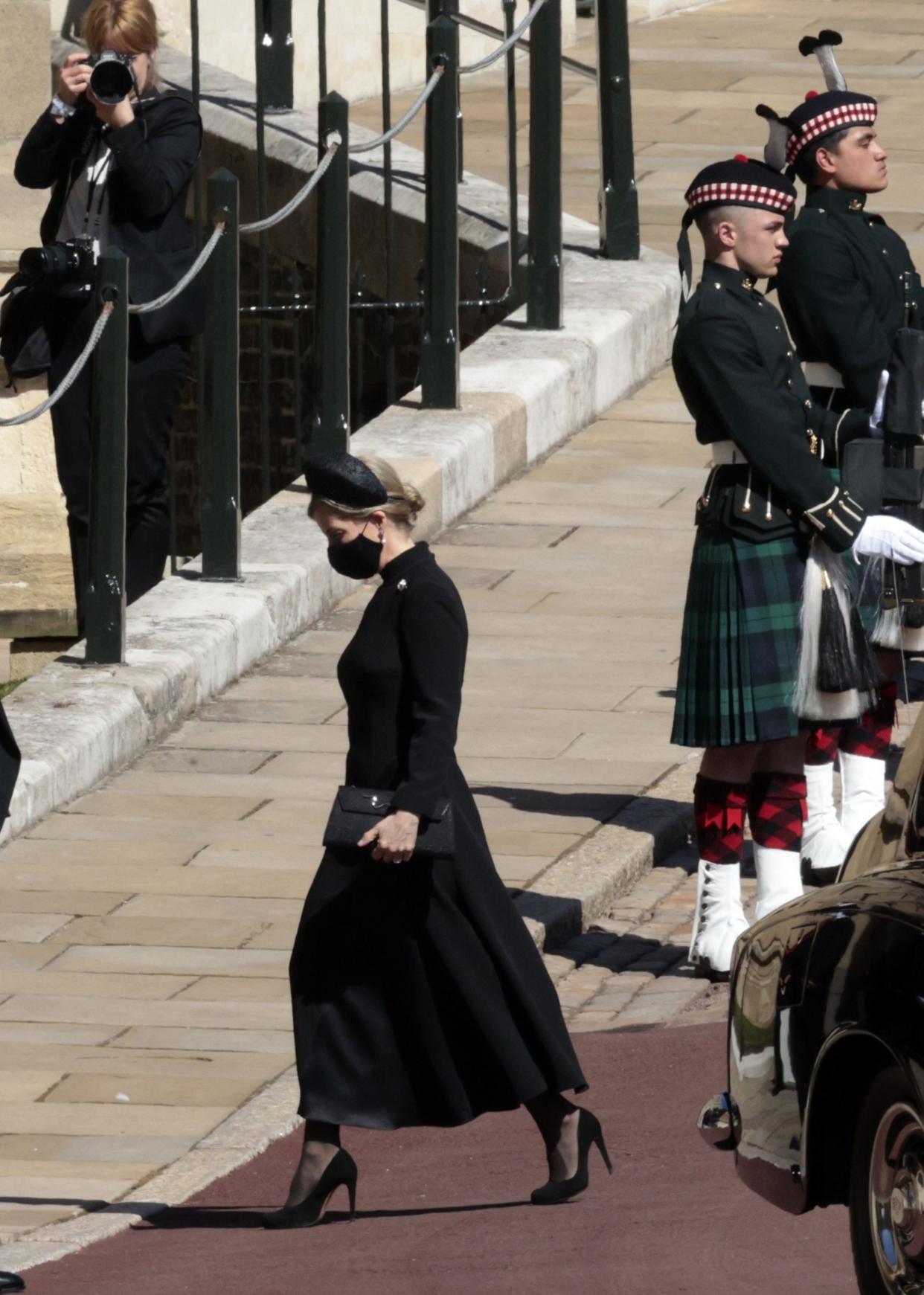 Sophie, Countess of Wessex arrives at the Windsor Castle for the funeral of Britain's Prince Philip in Windsor, England, Saturday, April 17, 2021.